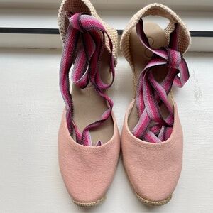 New Atelier COSTA Celia Wedge Espadrilles, Pink, Size 39 (8), Canvas and Str…